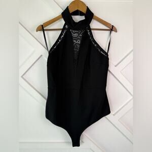 NWT Bebe Lace Insert High Neck Bodysuit in Jet Black Size Large